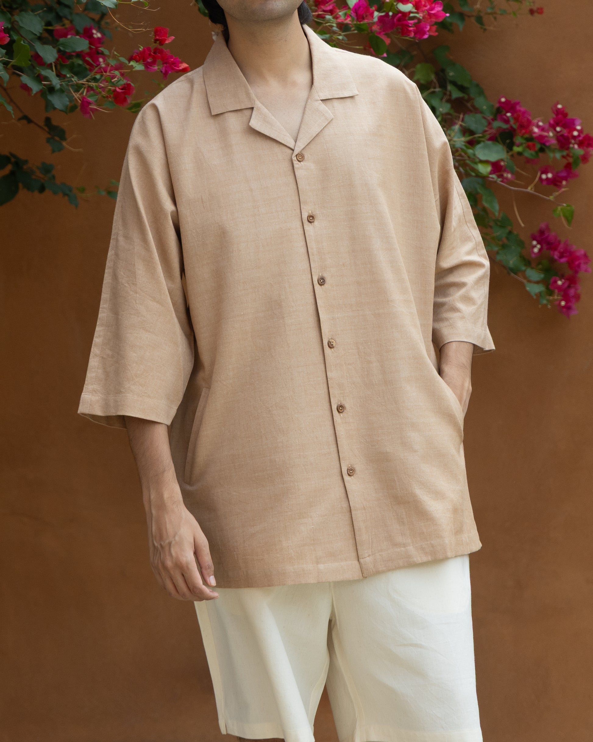 Cocoa Brown Camp Collar Kimono Shirt for men made with handwoven Khadi cotton, featuring 3/4 kimono sleeves and eco-friendly fabric in rich chocolate brown earthy tone.
