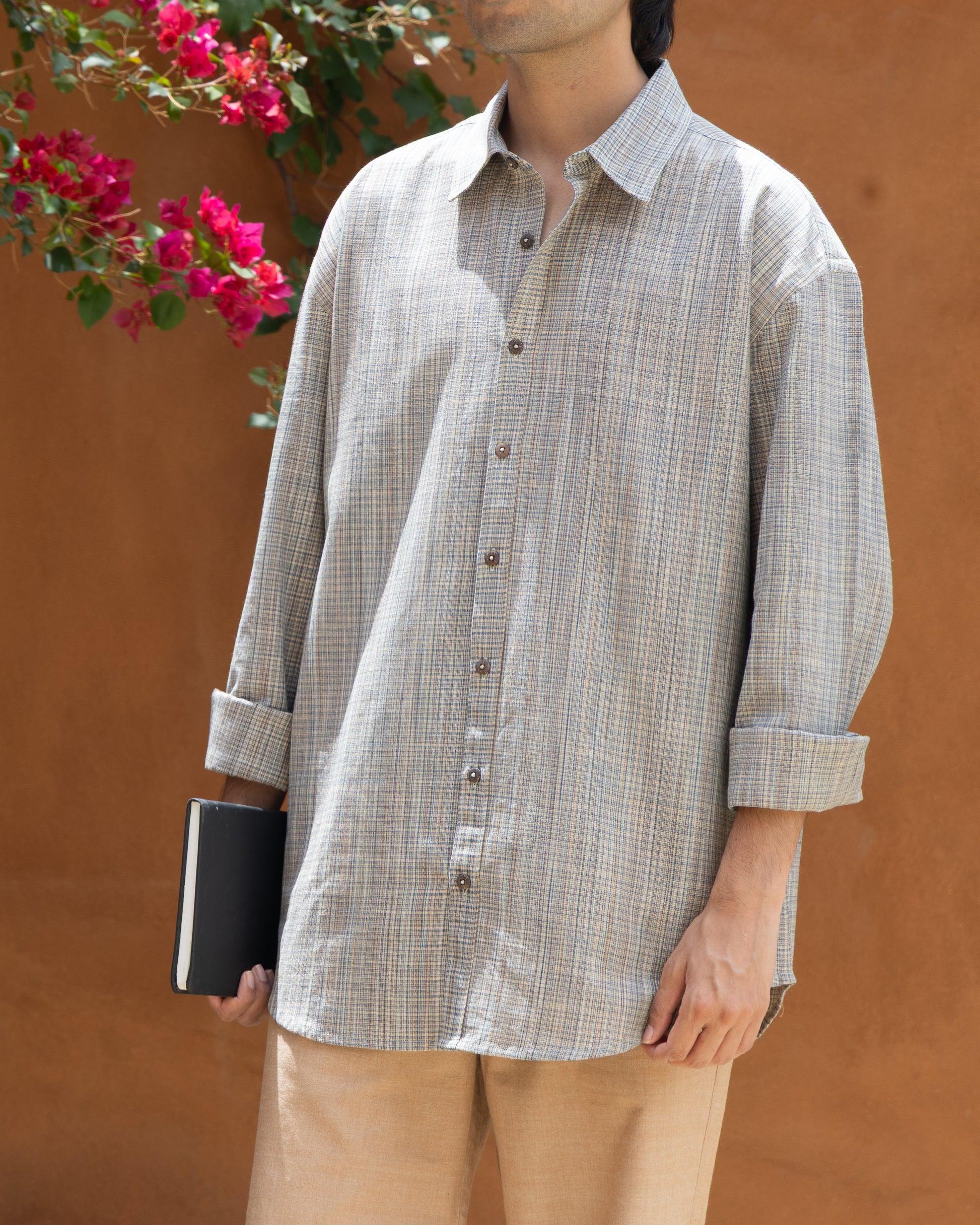 Light color Earth Check Khadi shirt for men, sustainable and handcrafted with natural fibers.