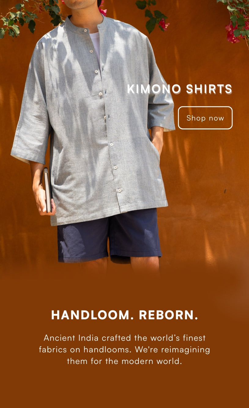 Showcasing handcrafted Khadi cotton shirts for men, made from handloom fabrics and naturally dyed using herbs, fruits, and vegetables. These organic cotton shirts feature light pastel tones and earthy colors—ideal for men seeking eco-friendly, luxury handwoven shirts with timeless appeal.