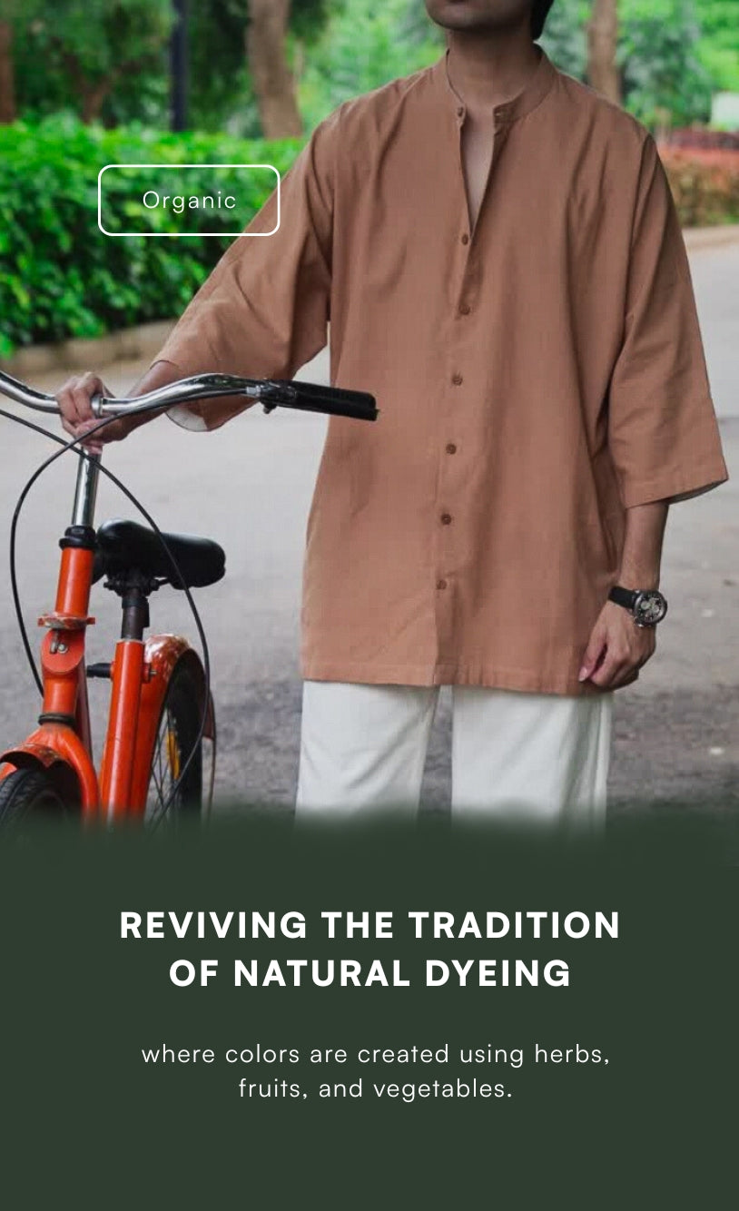 Naturally dyed handwoven shirt for men, crafted from organic cotton and colored using herbs, fruits, and vegetables. Discover our eco-friendly collection of Handloom shirts for men in earthy tones like chocolate brown, olive, soft pink, ecru, khaki, indigo, and charcoal grey. Limited edition pastel shirts and light color shirts for men – perfect for a sustainable wardrobe.