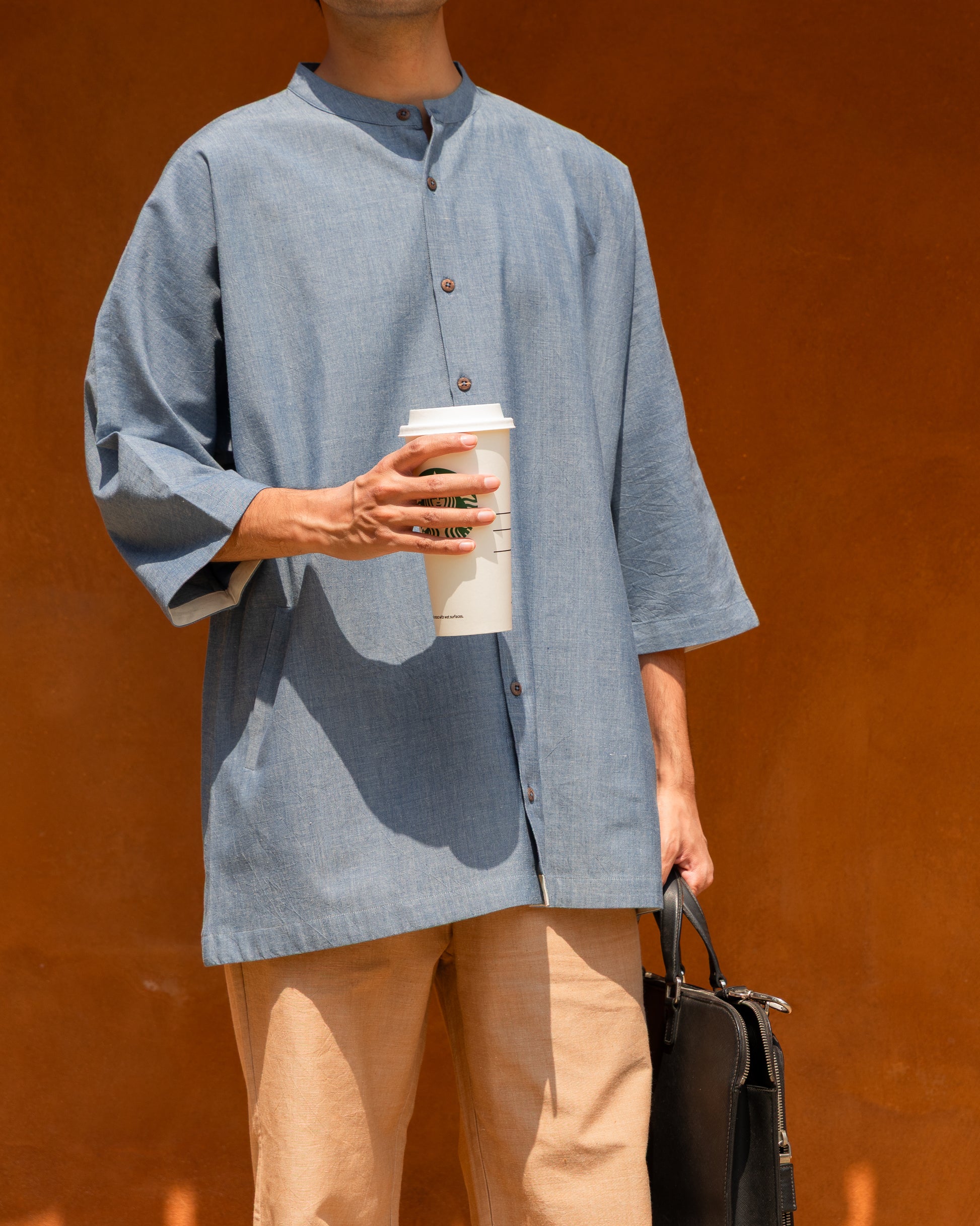 Chambray blue handwoven Khadi cotton kimono shirt for men with 3/4 sleeves, eco-friendly organic cotton, limited edition Japanese-style handloom shirt.