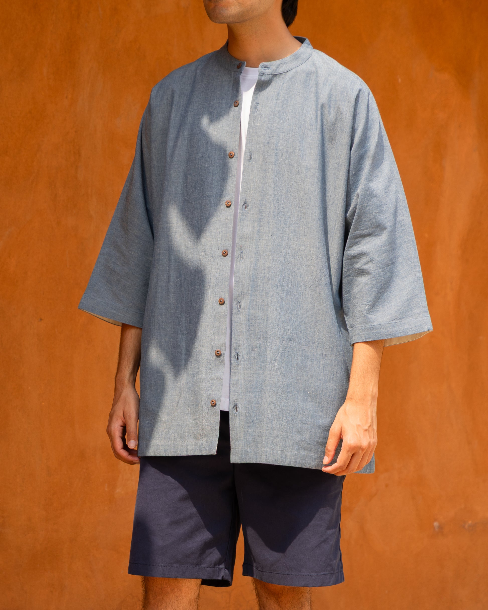 Light color chambray blue kimono type shirt for men, handwoven Khadi cotton, organic cotton, eco-friendly and luxury handloom shirt.