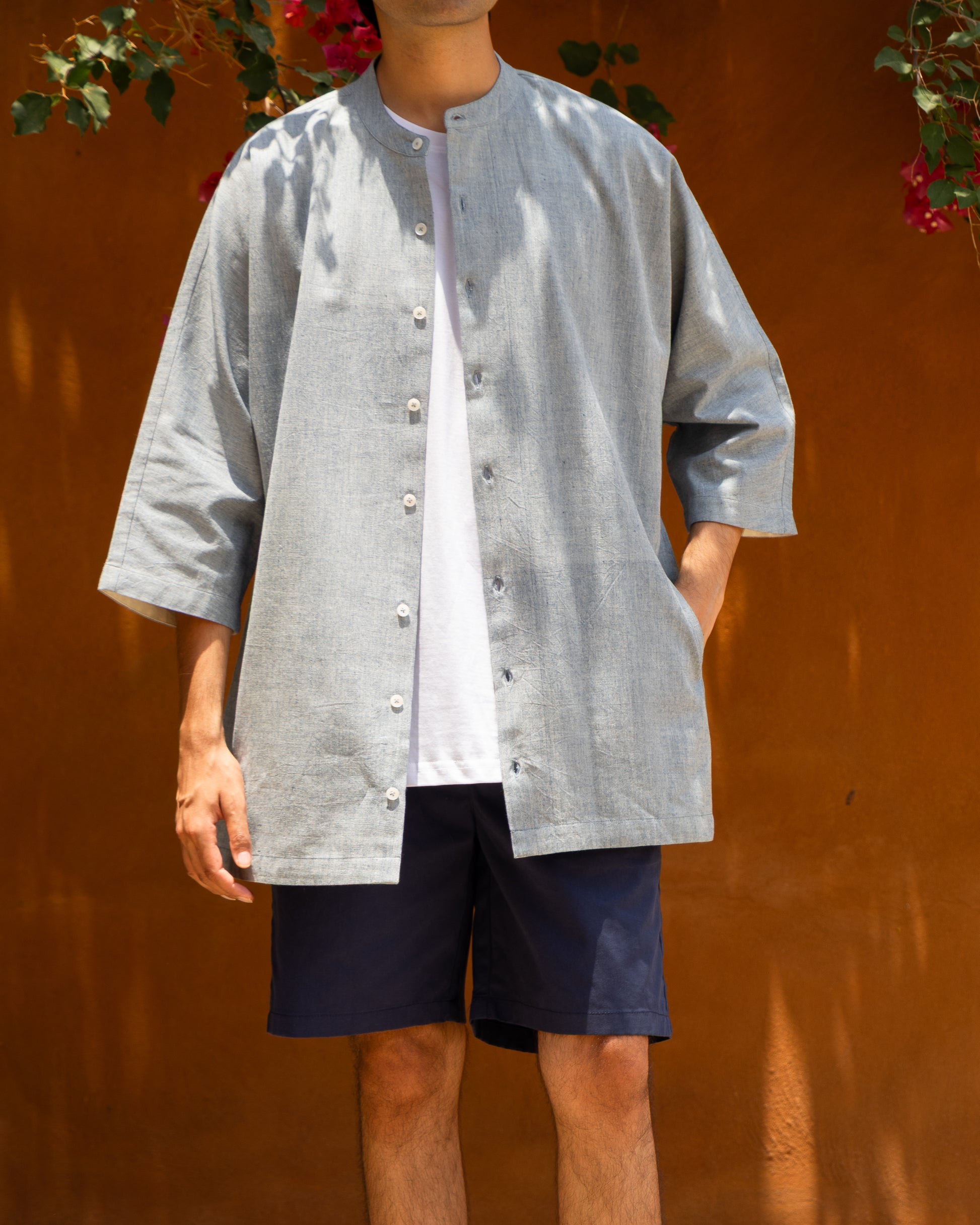 Men's soft indigo melange Khadi cotton kimono sleeve shirt, rich indigo earthy tone, crafted from organic cotton and handloom fabric.