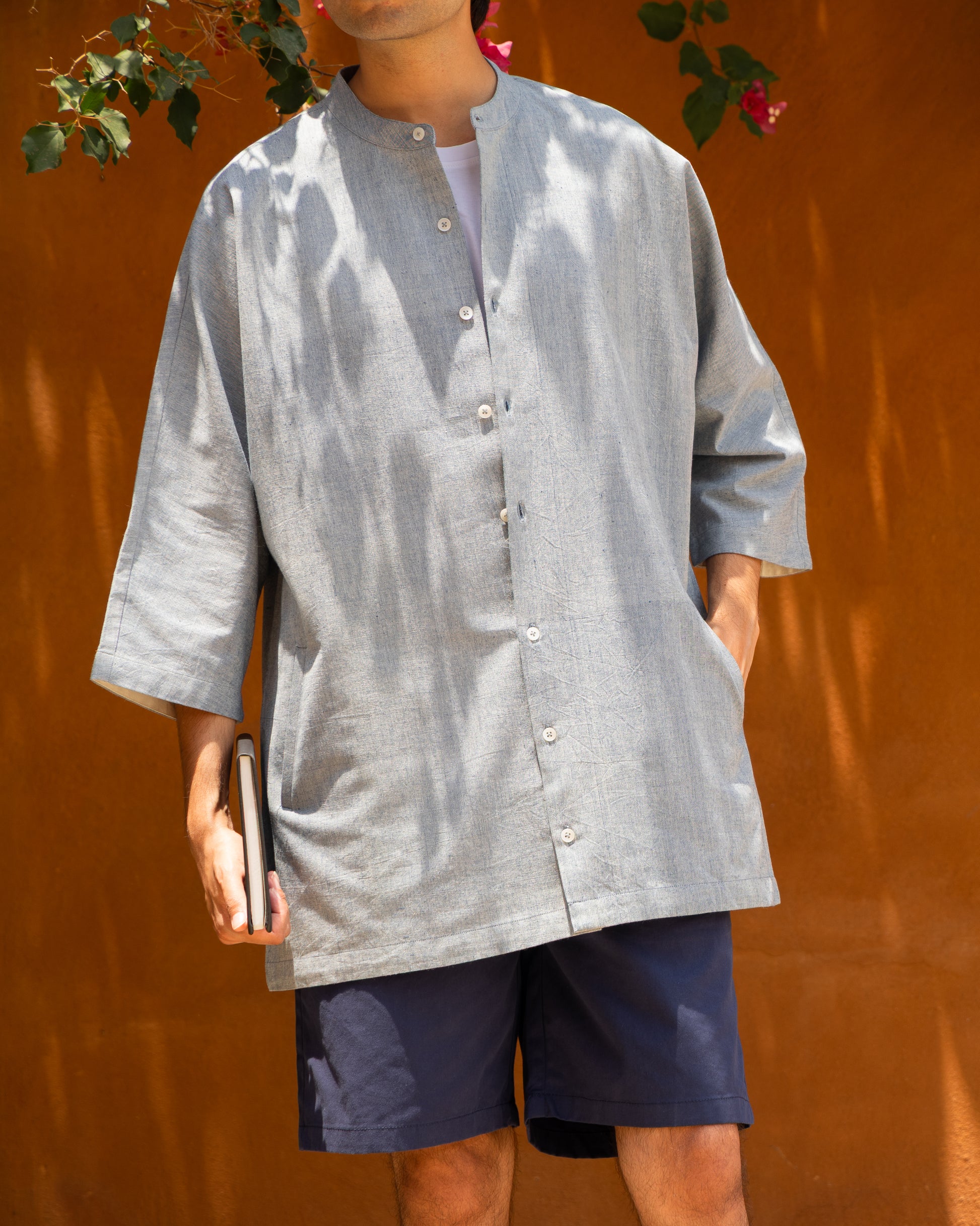 Soft indigo melange handwoven Khadi cotton kimono shirt for men with 3/4 sleeves, eco-friendly organic cotton, limited edition Japanese-style handloom shirt.

