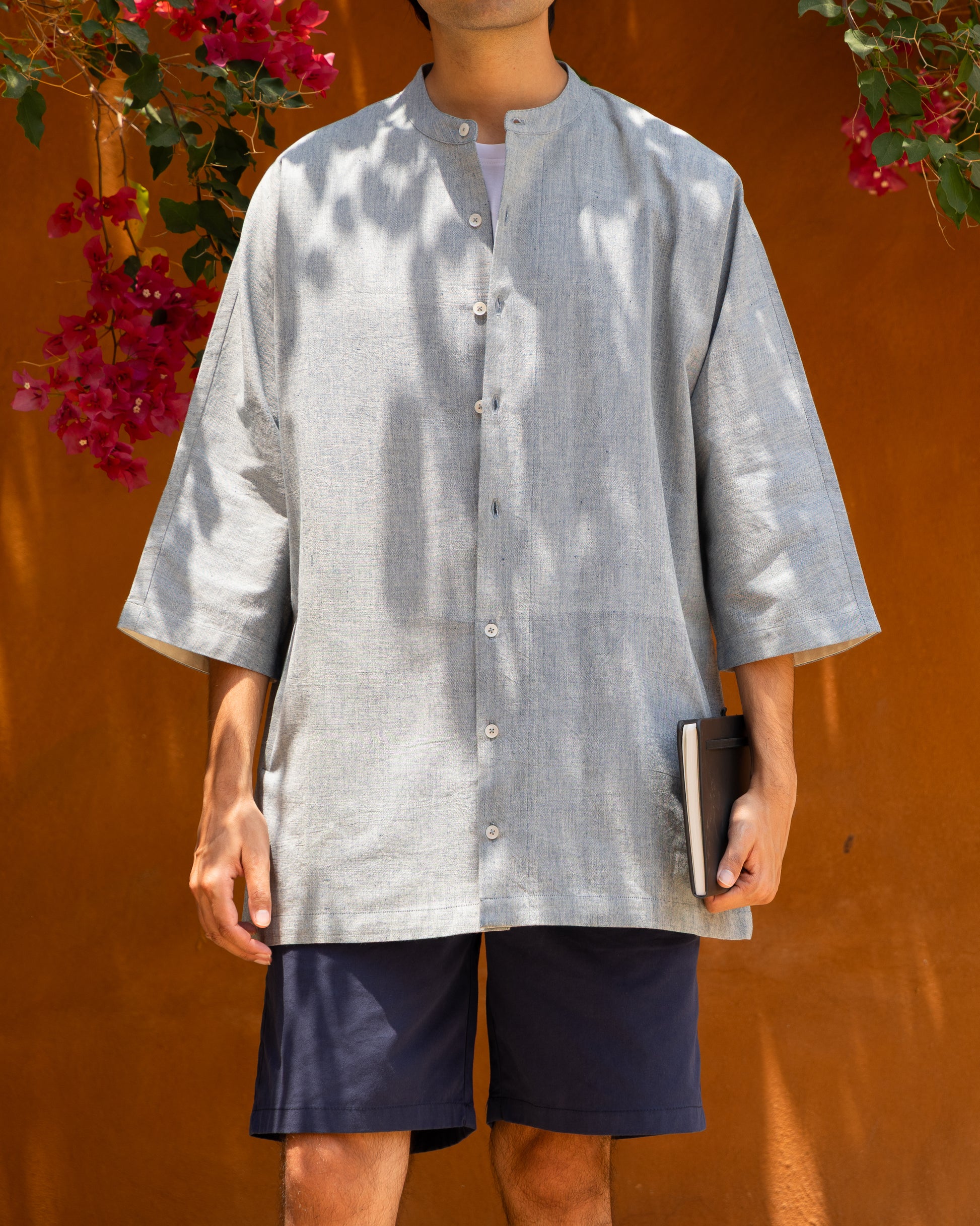 Limited edition soft indigo melange Japanese style kimono shirt for men, handloom Khadi cotton with deep indigo hues and 3/4 sleeves.