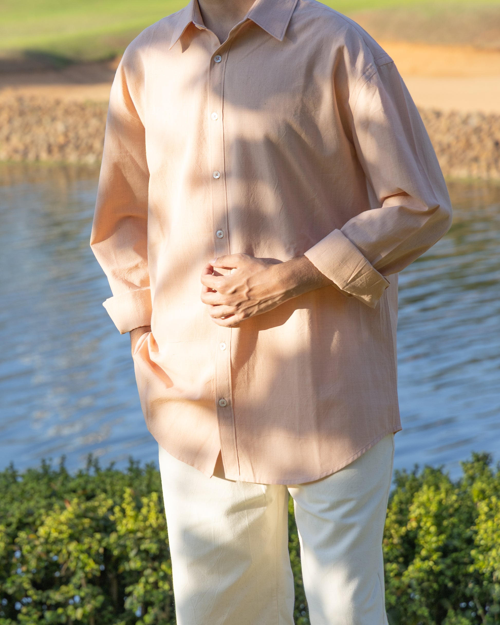 Handloom Khadi cotton shirt in light madder pink – relaxed fit, organic and eco-friendly fabric, luxury earthy pastel shirt for men