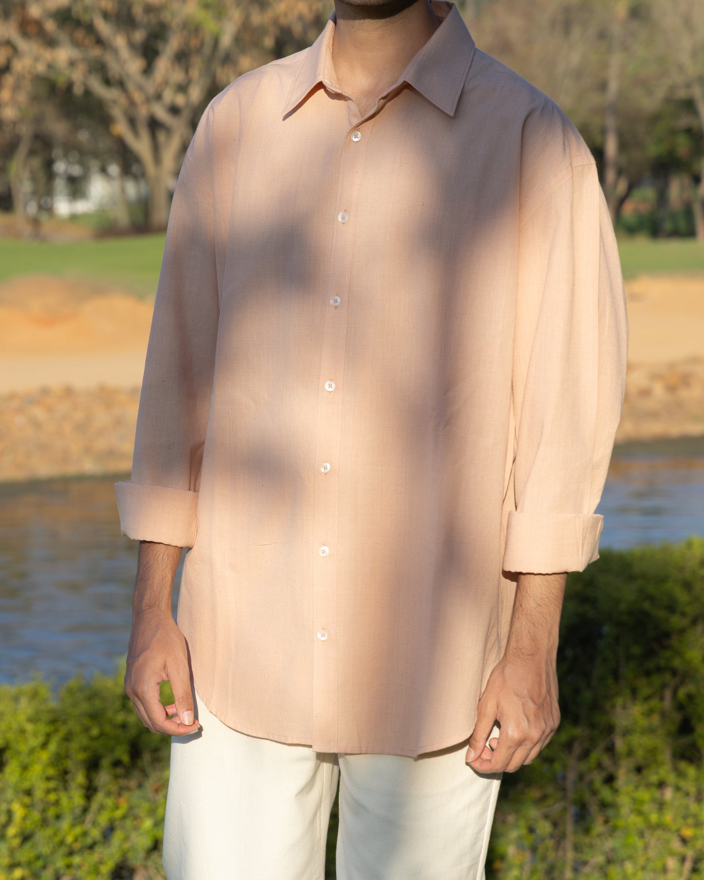 Pastel light madder pink Khadi cotton shirt for men – handwoven, organic fabric, limited edition eco-friendly luxury handloom shirt.