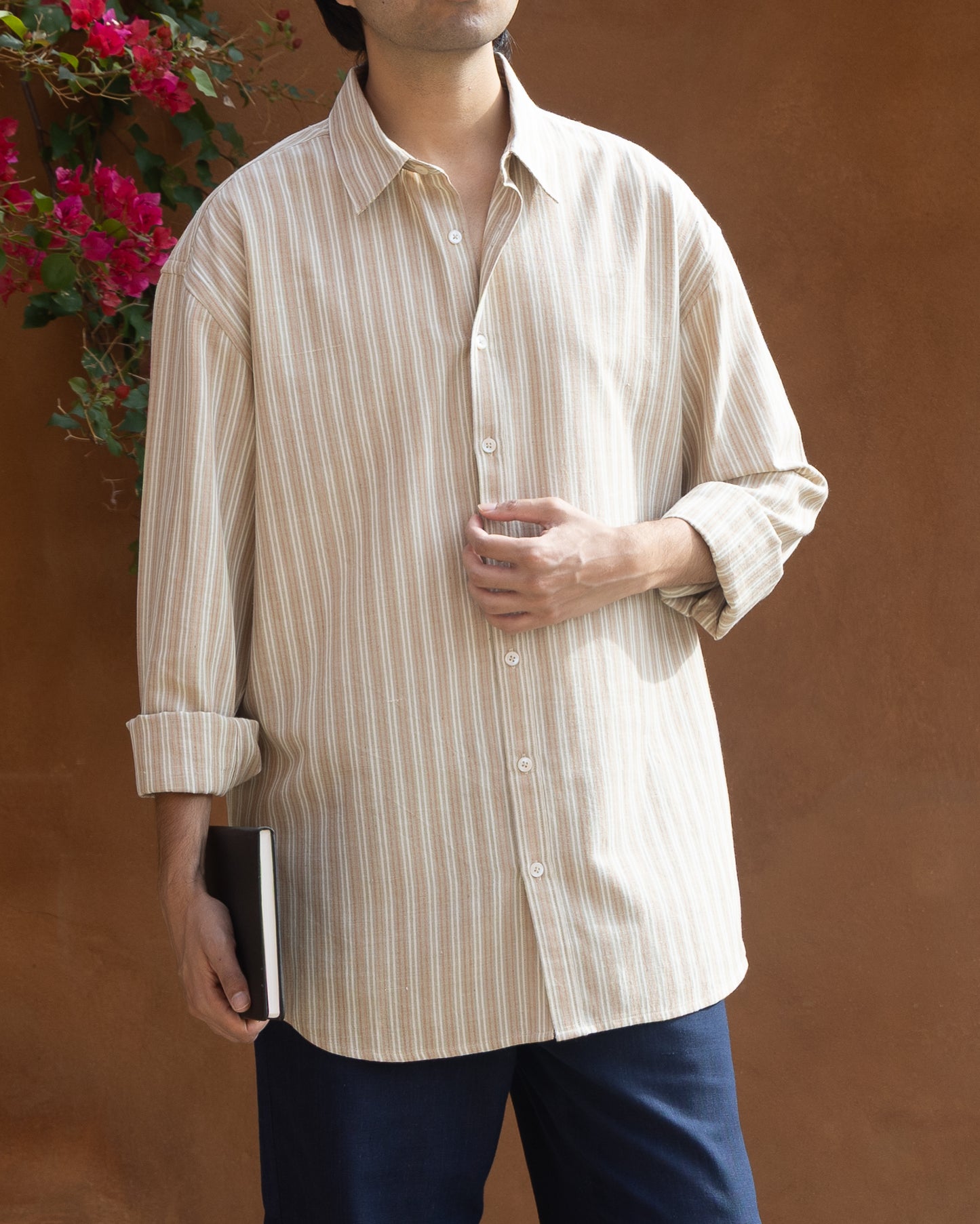 Sun Dried Olive Stripes Relaxed Fit Khadi Cotton Shirt for Men – Handwoven, Handloom, Organic Cotton, Earthy Tone, Eco-Friendly, Light Color, Limited Edition Shirt